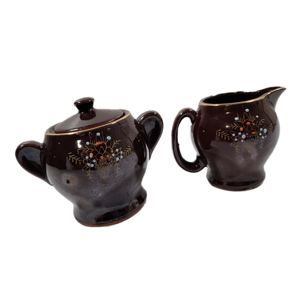 Vintage Japan Redware Cream And Sugar  Brown